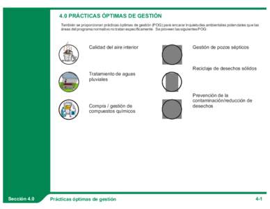 4.0 PRÁCTICAS ÓPTIMAS DE GESTIÓN También se proporcionan prácticas óptimas de gestión (POG) para encarar inquietudes ambientales potenciales que las áreas del programa normativo no tratan específicamente. Se pro