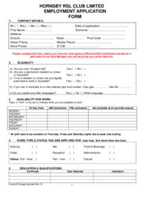 HORNSBY RSL CLUB LIMITED EMPLOYMENT APPLICATION FORM 1.  CONTACT DETAILS.