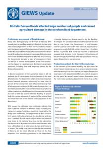 27 February[removed]GIEWS Update Bolivia: Severe floods affected large numbers of people and caused agriculture damage in the northern Beni department