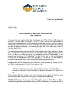 Private and Confidential  02 April 2014 Letter of Reprimand Pursuant to Section 39 of the Real Estate Act