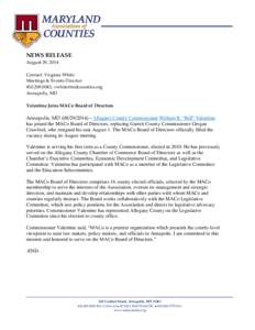 NEWS RELEASE August 29, 2014 Contact: Virginia White Meetings & Events Director[removed], [removed] Annapolis, MD