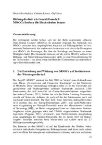 Dmitri Bershadskyy, Claudia Bremer, Olaf Gaus  Bildungsfreiheit als Geschäftsmodell: MOOCs fordern die Hochschulen heraus  Zusammenfassung