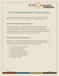 How To Develop and Organize a Volunteer Program Volunteers are a great resource for your organization. Proper management of volunteers willensure that this valuable asset is used effectively in your programs and services