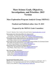Mars Science Goals, Objectives,