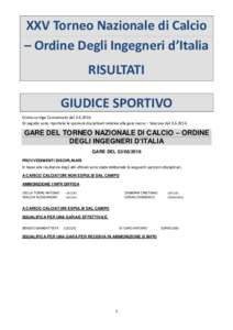 XXV Torneo Nazionale di Calcio – Ordine Degli Ingegneri d’Italia RISULTATI GIUDICE SPORTIVO Errata corrige Comunicato delDi seguito sono riportate le sanzioni disciplinati relative alla gara Lecce – Sirac