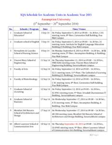 IQA Schedule for Academic Units in Academic Year 2013 Assumption University (1st September – 26th SeptemberNo. 1 2