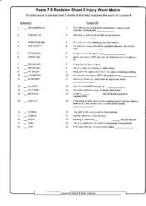 Years 7-8 Revision Sheet 2 lnjury Word Match Find the word or phrase from Column B that best matches the word in Column A ColumnA Column B