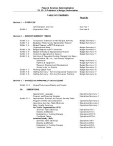 Federal Aviation Administration FY 2012 President’s Budget Submission TABLE OF CONTENTS Page No. Section[removed]OVERVIEW Exhibit I: