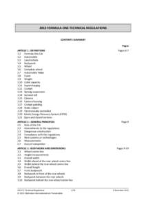 2013 FORMULA ONE TECHNICAL REGULATIONS CONTENTS SUMMARY Pages ARTICLE 1 : DEFINITIONS 1.1 Formula One Car 1.2 Automobile