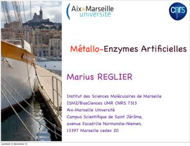 Métallo-Enzymes Artificielles Marius REGLIER Institut des Sciences Moléculaires de Marseille ISM2/BiosCiences UMR CNRS 7313 Aix-Marseille Université Campus Scientifique de Saint Jérôme,