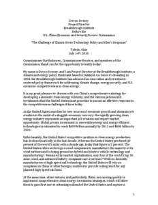 Devon Swezey  Project Director  Breakthrough Institute  Before the  U.S.‐China Economic and Security Review Commission  “The Challenge of China’s Green Technology Policy and Ohio’s Response