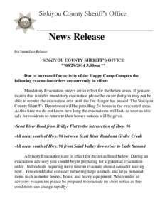 Siskiyou County Sheriff’s Office  News Release For Immediate Release:  SISKIYOU COUNTY SHERIFF’S OFFICE