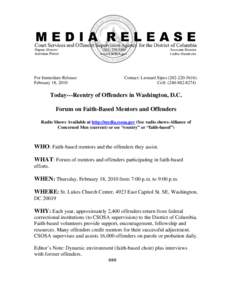 CSOSA Media Release - Forum on Faith-Based Mentors and Offenders - February 18, 2010