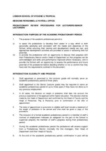 LONDON SCHOOL OF HYGIENE & TROPICAL MEDICINE PERSONNEL & PAYROLL OFFICE PROBATIONARY REVIEW LECTURERS  PROCEDURES FOR LECTURERS/SENIOR