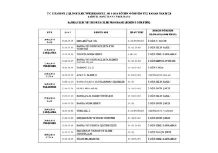 T.C. İSTANBUL ŞİŞLİ MESLEK YÜKSEKOKULU, [removed]EĞİTİM ÖĞRETİM YILI BAHAR YARIYILI YARIYIL SONU SINAV PROGRAMI BANKACILIK VE SİGORTACILIK PROGRAMI (BİRİNCİ ÖĞRETİM) SAAT