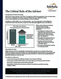 The Critical Role of the Advisor Navigating the World of Investing Why do some investors choose to “go it alone;” to navigate the world of investing based on their own observations, information, or feelings? For the 