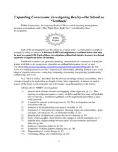 Expanding Connections: Investigating Reality—the School as ‘Textbook’ Within Connections: Investigating Reality (CIR) is a set of recurring investigations focusing on immediate reality. This “Right Here, Right No