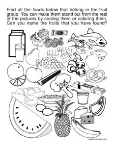 Find all the foods below that belong in the fruit group. You can make them stand out from the rest of the pictures by circling them or coloring them. Can you name the fruits that you have found?  www.drpbody.com