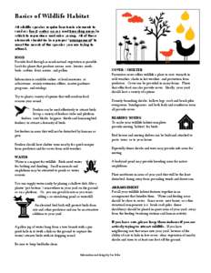 Basics of Wildlife Habitat All wildlife species require four basic elements to survive: food, water, cover, and breeding areas in which to reproduce and raise young. All of these elements should be in a proper “arrange