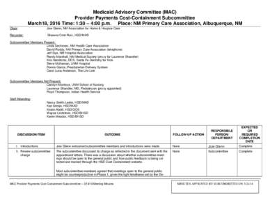 Medicaid Advisory Committee (MAC) Provider Payments Cost-Containment Subcommittee March18, 2016 Time: 1:30 – 4:00 p.m. Place: NM Primary Care Association, Albuquerque, NM Chair:  Joie Glenn, NM Association for Home & H