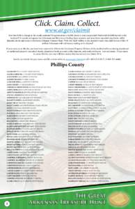 Click. Claim. Collect. www.ar.gov/claimit Ever lost $100 in change in the couch cushions? Forgotten about a $2,000 check in your coat pocket? Maybe left $10,000 buried in the backyard? It sounds outrageous but Arkansans 