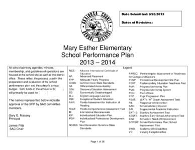 Date Submitted: [removed]Dates of Revisions: Mary Esther Elementary School Performance Plan 2013 – 2014