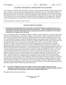 Name Tina Dee__________________________________ Date ____April 5, 2012________ Page __2_of _15_ STATEMENT OF PARENTAL PARTICIPATION AND CONCERNS Tina’s parents, Mr. and Mrs. Dee, attended the conference. They are pleas