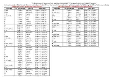 ADJUSTED SUMMER 2014 FINAL EXAMINATIONS SCHEDULE FOR 10-WEEK AND 2ND 5-WEEK SUMMER SESSIONS  Final examination times for all the day and evening lecture classes are shown below. Final exams for classes not covered by thi