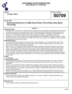 CALIFORNIA STATE SCIENCE FAIR 2003 PROJECT SUMMARY Name(s)  Tarang Luthra