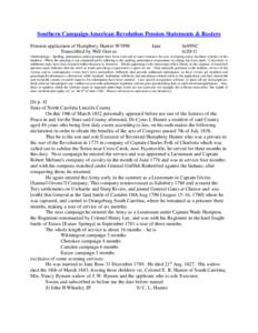 Southern Campaign American Revolution Pension Statements & Rosters Pension application of Humphrey Hunter W3998 Transcribed by Will Graves Jane