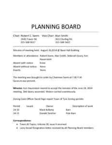 PLANNING BOARD Chair: Robert C. Seem Vice Chair: Alan Smith 2445 Traver Rd[removed]Durling Rd[removed][removed]
