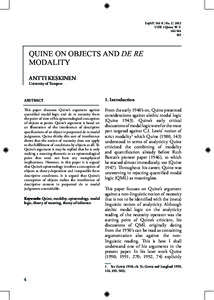 EuJAP | Vol. 8 | No. 2 | 2012 UDK 1 Quine, W. V[removed]QUINE ON OBJECTS AND DE RE