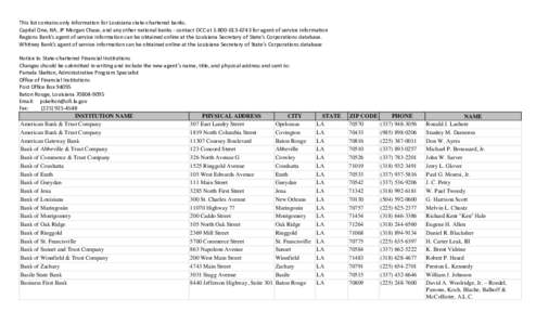 This list contains only information for Louisiana state-chartered banks. Capital One, NA, JP Morgan Chase, and any other national banks - contact OCC at[removed]for agent of service information Regions Bank’s ag