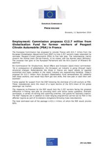EUROPEAN COMMISSION  PRESS RELEASE Brussels, 11 September[removed]Employment: Commission proposes €12.7 million from