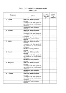 ANNEX 4.3.6 – FINANCIAL PROPOSAL FORM PRICE LIST Language  1) French