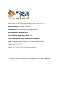 Athena SWAN Bronze department award application Name of university: University of Oxford Department: Nuffield Department of Population Health Date of application: November 2013 Date of university Bronze SWAN award: 2010 