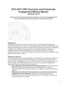 UNC Economic and Community Engagement Metrics Manual Updated: Indicators for measuring the progress and impact of community engagement and economic development by the University of North Carolina System