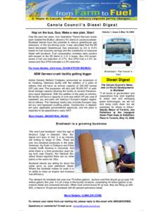 C a n o l a C o u n c i l ’s D i e s e l D i g e s t Volume 1, Issue 2, May 16, 2006 Hop on the bus, Gus; Make a new plan, Stan! Over the past two years, four Saskatoon Transit Services buses each dubbed the BioBus uti