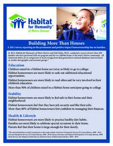 Building More Than Houses  A 2012 survey reporting on the permanent and positive impact homeownership has on families. In 2012, Habitat for Humanity of Metro Denver and Didi Fahey, Ph.D., conducted a survey of more than 