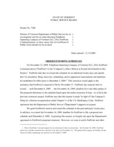 STATE OF VERMONT PUBLIC SERVICE BOARD Docket No[removed]Petition of Vermont Department of Public Service for an investigation and for an order directing Telephone