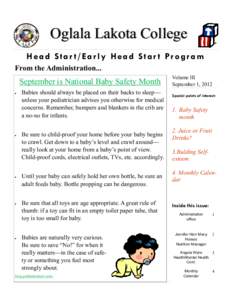 Oglala Lakota College Head Star t/Early Head Star t Program From the Administration... September is National Baby Safety Month 