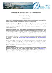 [Type text]  THE HONG KONG UNIVERSITY OF SCIENCE AND TECHNOLOGY Division of Biomedical Engineering Faculty Positions