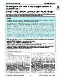 Re-emergence of Rabies in the Guangxi Province of Southern China Hai-Bo Tang1,2., Yan Pan1., Xian-Kai Wei1,2., Zhuan-Ling Lu1,2., Wu Lu2, Jian Yang2, Xiao-Xia He2, Lin-Juan Xie2, Lan Zeng2, Lie-Feng Zheng3, Yi Xiong3, No