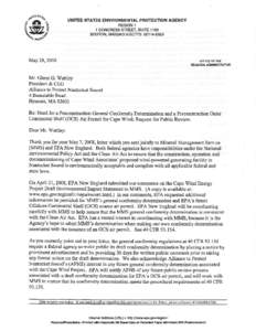 Letter from Robert Varney, EPA, to Glenn Wattley, May 28, 2008 | Re: Need for a Preconstruction General Conformity Determination and a Preconstruction Outer Continental Shelf (OCS) Air Permit for Cape Wind; Request for P