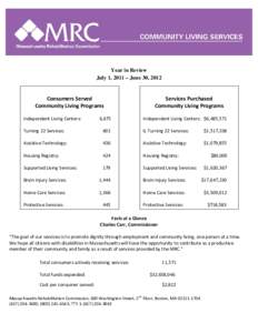 Year in Review July 1, 2011 – June 30, 2012 Consumers Served Community Living Programs Independent Living Centers: