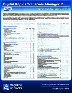 Digital Rapids Transcode Manager 2 ® Format and Feature Reference A choice of Engine configurations for Digital Rapids Transcode Manager® 2 lets you choose the combination of formats and features best suited to your ne