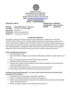 PUEBLO OF ISLETA HUMAN RESOURCES DEPARTMENT P.O. BOX 1270, ISLETA, NM[removed]PHONE: ([removed]FAX: ([removed]EMAIL: [removed] VACANCY ANNOUNCEMENT