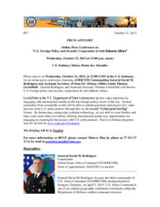 Jean XXIII - B.P. 49 Dakar – Tél. : [removed] #57 October 21, 2013 PRESS ADVISORY Online Press Conference on