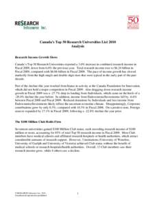 Canada’s Top 50 Research Universities List 2010 Analysis Research Income Growth Slows Canada’s Top 50 Research Universities reported a 3.0% increase in combined research income in Fiscal 2009, down from 6.0% the prev
