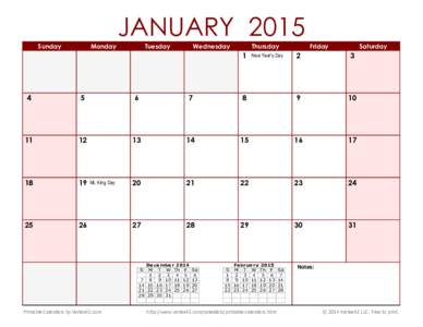 Printable 2015 Monthly Calendar with Holidays